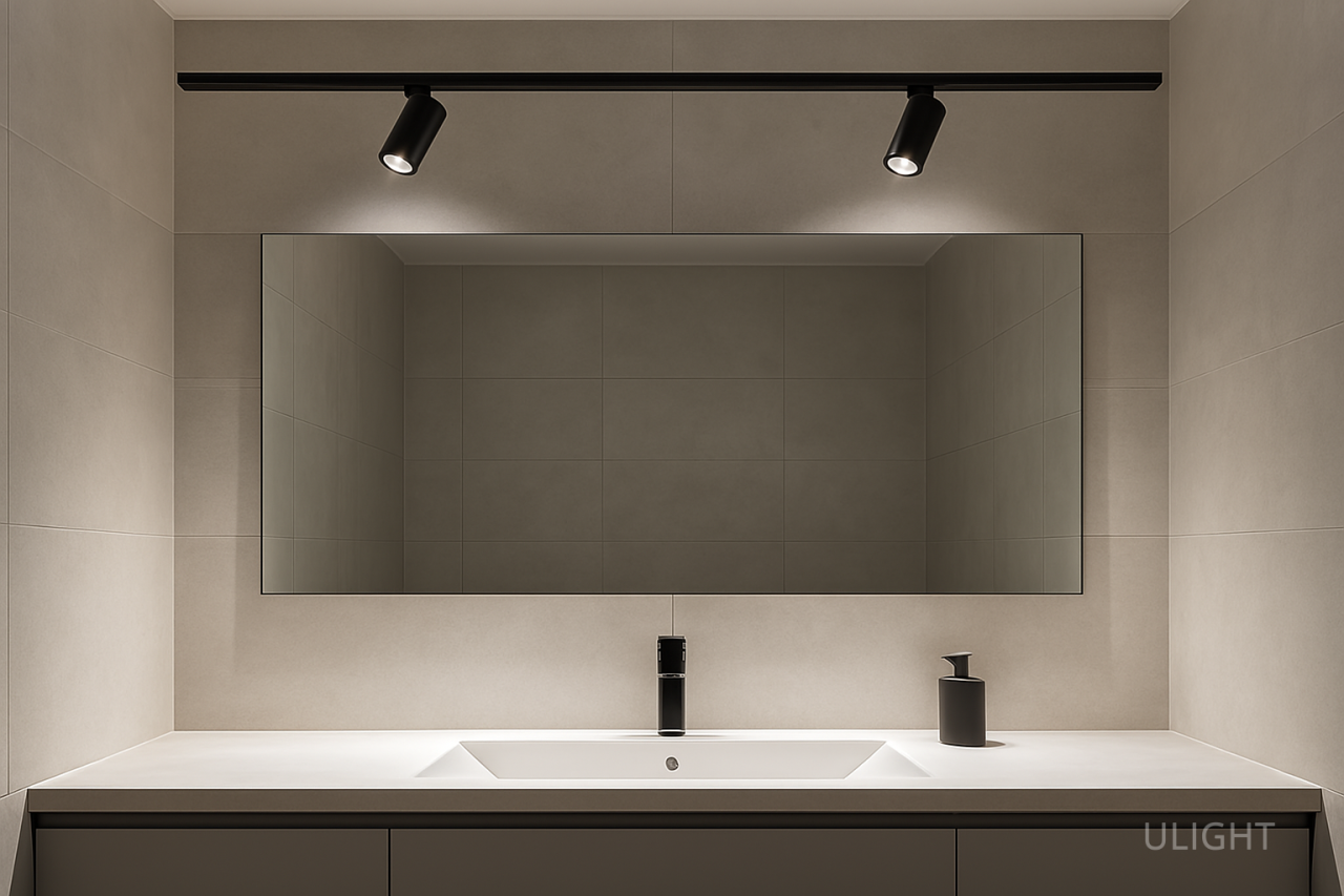 Aynanın üstüne monte edilmiş ray spotlarla aydınlatılmış modern banyo tasarımı, arka planda şık bir lavabo ve ayna ile birlikte